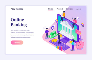 Modern flat isometric design concept of Online Banking with characters. Online financial investment for website and mobile website. Landing page template. vector illustration