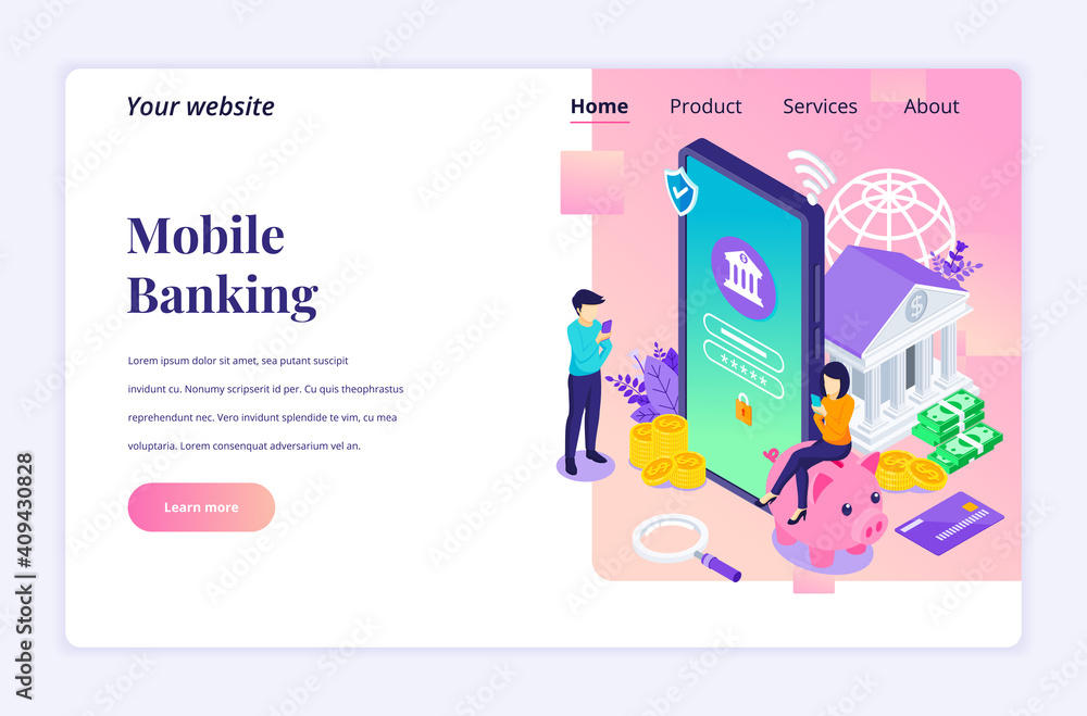 Poster modern flat isometric design concept of online banking with characters. electronic mobile payment fo
