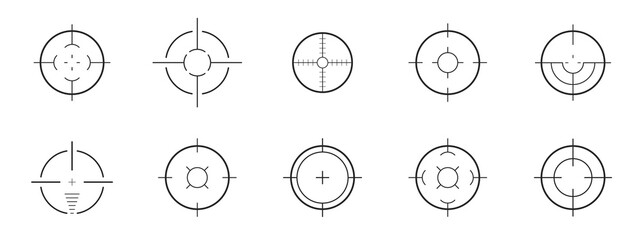 Set of target and aim, targeting and aiming. Creative vector illustration of crosshairs icon set isolated on white background. Focus sniper, sight military for shoot. Vector illustration