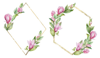 Geometric gold frames with pink magnolia flowers on white background