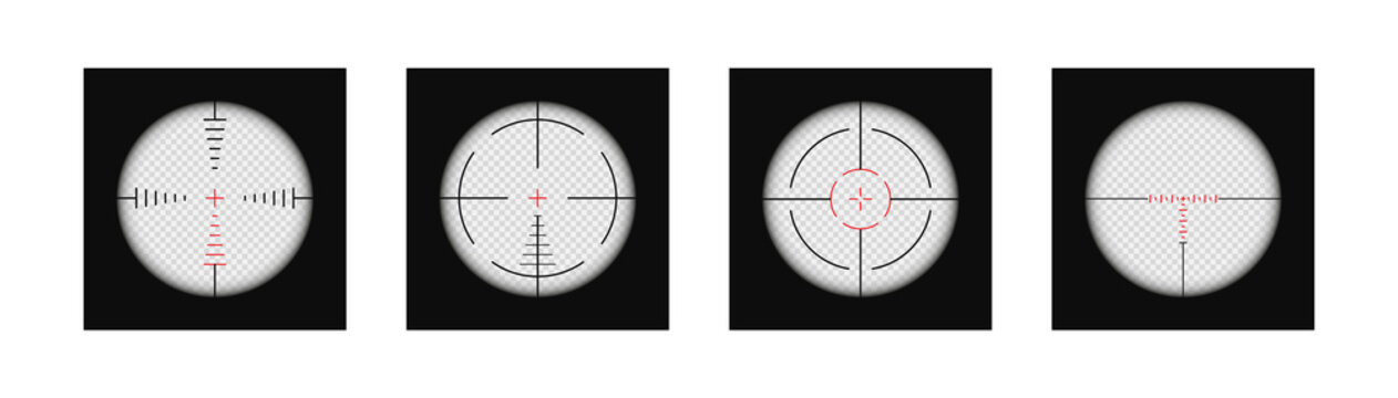 Realistic sniper scope crosshairs view. Set of target and aim, targeting and aiming. Rifle optical sight. Sniper scope template isolated on transparent background. Vector illustration