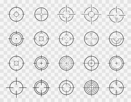 Set of target and aim, targeting and aiming. Creative vector illustration of crosshairs icon set isolated on transparent background. Focus sniper, sight military for shoot. Vector illustration