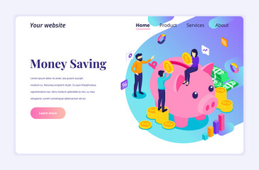 Isometric landing page design concept of Investment. People putting coin money into a piggy bank, money saving. vector illustration