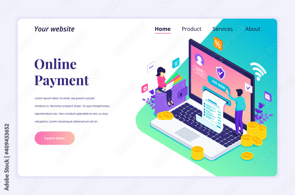 Poster modern flat isometric design concept of online payment, money transfer with characters for website a