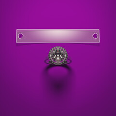 A diamond engagement ring with a blank card to insert your text, all lying on a purple velvet. Romantic love and wedding background. 3D render.