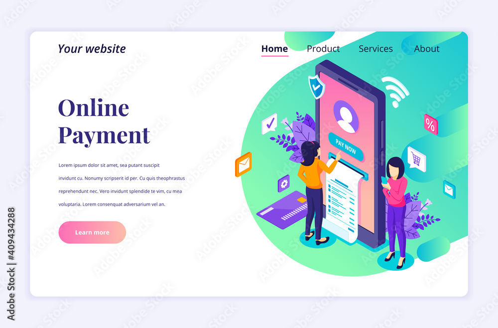 Poster modern flat isometric design concept of online payment, money transfer with characters for website a