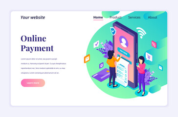 Modern flat isometric design concept of Online Payment, money transfer with characters for website and mobile website. Landing page template. vector illustration