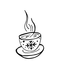 Hot tea cup decorated with Christmas style snowflake. Vector illustration isolated on white background, doodle style.