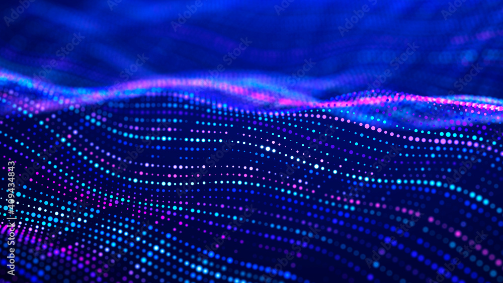Poster Digital technology background. Dynamic wave of glowing points. Futuristic background for presentation design. 3d