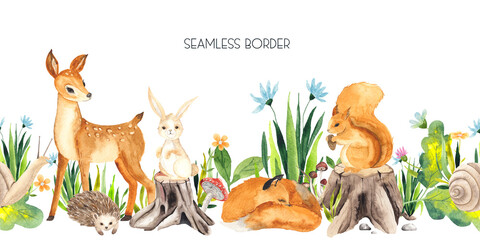 Watercolor woodland seamless border with cute  little Forest Animals for kids.  - 409436049