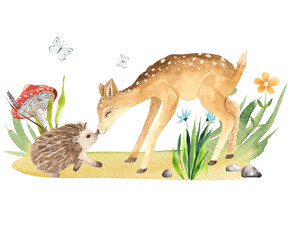 Watercolor woodland composition with cute  little Forest Animals for kids: deer, hedgehog, mushrooms, grass - 409436066