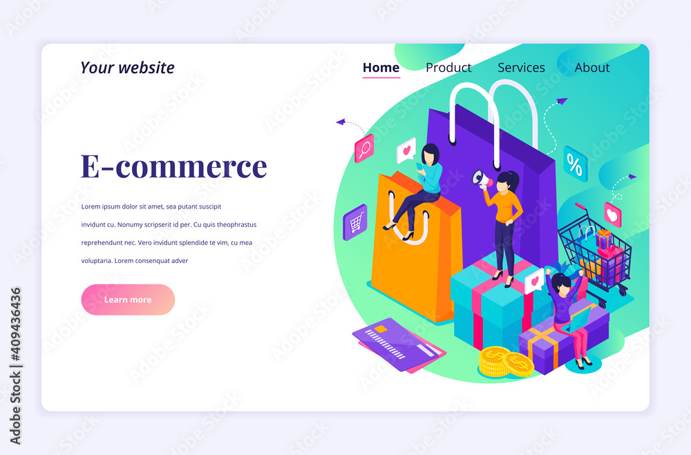 Poster modern flat isometric design concept of online shopping with characters for website and mobile websi