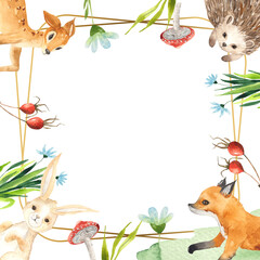 Watercolor woodland golden frame with cute  little Forest Animals for kids. 