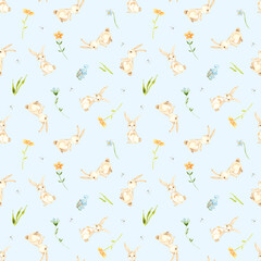 Watercolor woodland seamless pattern  with cute  little Forest Animals for kids. 