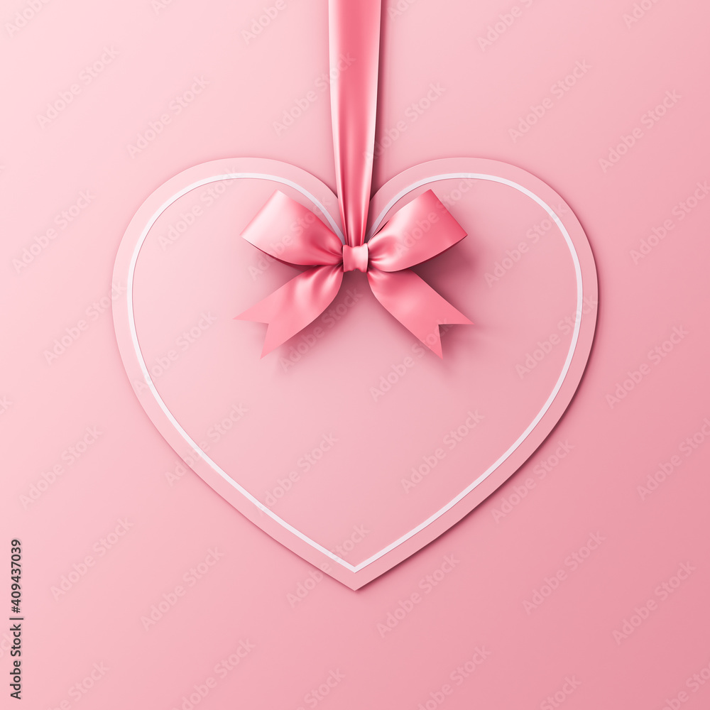 Poster blank valentine gift card hanging with pink ribbon bow isolated on pink pastel color wall background