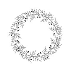 Beautiful wreath with foliage and twigs with berries. Elegant border design, decoration element. Floral frame with linear leaves and black berries in a circle. Vector illustration, doodle style, white