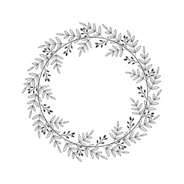Beautiful wreath with foliage and twigs with berries. Elegant border design, decoration element. Floral frame with linear leaves and black berries in a circle. Vector illustration, doodle style, white