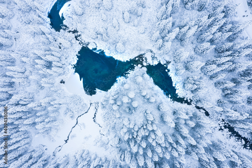Wall mural Aerial view on snowy winter forest and icy river. Winter nature landscape from above - Wall murals