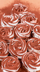 Delicate zephyr sprinkled with cocoa powder. Low-calorie marshmallows. Homemade dessert.