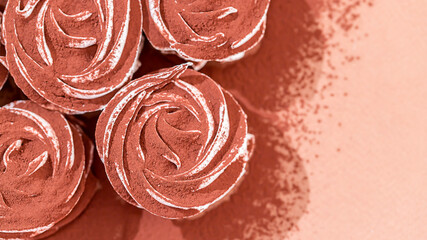 Delicate zephyr sprinkled with cocoa powder. Low-calorie marshmallows. Homemade dessert.