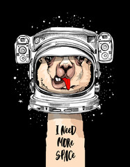 Funny poster. LLama in a Astronaut's helmet. I need more space - lettering quote. Humor card, t-shirt composition, hand drawn style print. Vector illustration.