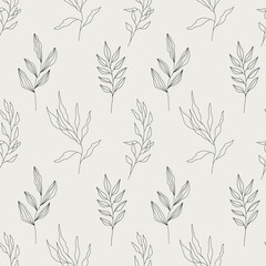 Hand drawn Black and white Seamless Pattern with Herbs, Plants, Branches. Exotic plants branches, tropical flora foliage. Floral textile monochrome print. Botanical wallpaper design.