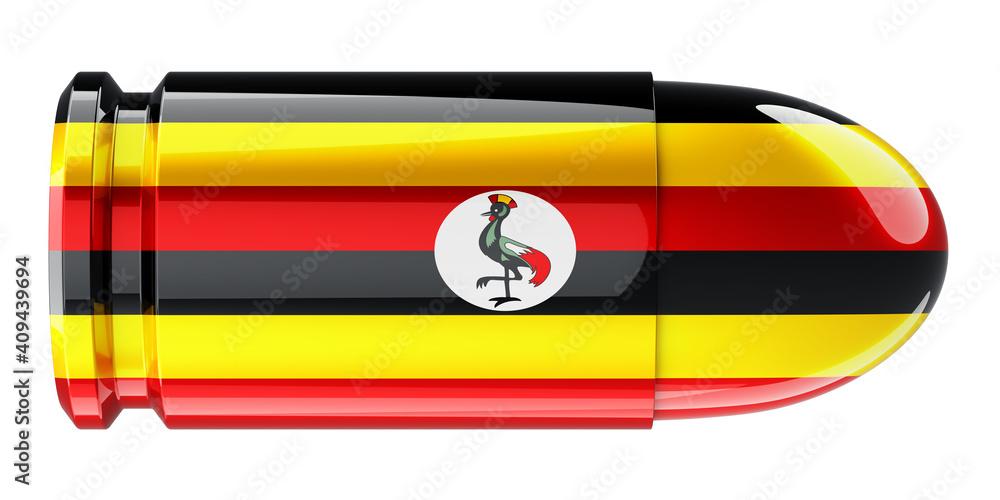 Poster bullet with ugandan flag, 3d rendering