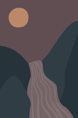 Abstract contemporary background with night landscape, mountains, river and full Moon. Earth tones and navy blue colors. Minimalist Boho wall decor, print, flat postcard, nordic scandinavian design