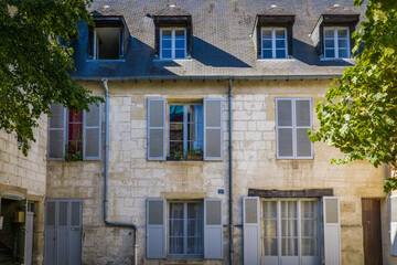 Cute townhouse facade in the historic center of Bourges, a city located in the Berry Region of France