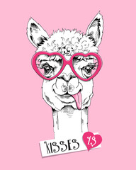 Cute Llama in a pink Hearts Sunglasses. Kisses 1$ - lettering quote. Humor Card of a Valentine's day, t-shirt composition, hand drawn style print. Vector illustration.