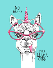 Fun Llama in a pink glasses and in a unicorn mask: ears, horn. No drama, i'm llamacorn - lettering quote. Humor card, t-shirt composition, hand drawn style print. Vector illustration. © Afishka