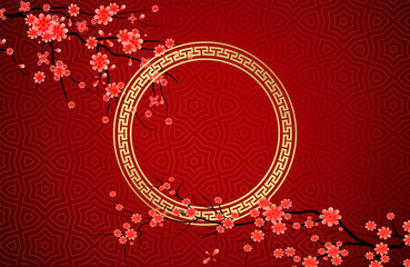 Chinese new year greeting card template with blossom flowers background and a window frame for your text.
