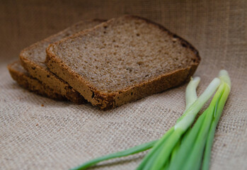 Sliced black bread and green onion feathers on burlap