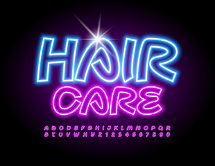 Vector creative logo Hair Care. Violet Neon Font. Glowing light Alphabet Letters and Numbers set