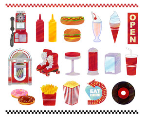 American diner watercolor style illustration set material