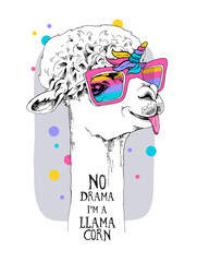 Fun Llama in a unicorn mask: rainbow glasses, horn, mane. No drama, i'm llamacorn - lettering quote. Humor card, t-shirt composition, hand drawn style print. Vector illustration.