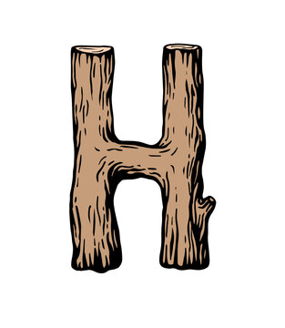 Colored engraving Letter H made of wood with leaves on the white background