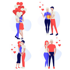 Happy young couple set. Loving couple during date, romantic, hugging, kiss. Happy Valentine's Day. Love and feelings. Human characters on white background. Color vector illustration