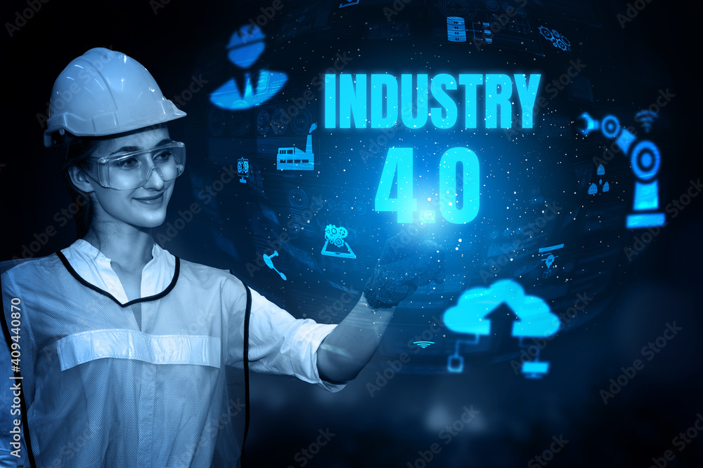 Wall mural Engineering technology and industry 4.0 smart factory concept with icon graphic showing automation system by using robots and automated machinery controlled via internet network . - Wall murals