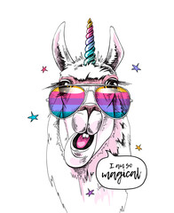 Fun Llama in a unicorn mask: rainbow glasses and horn. I am so magical - lettering quote. Humor card, t-shirt composition, hand drawn style print. Vector illustration.