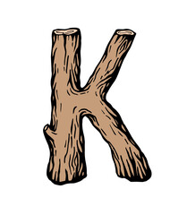 Colored engraving Letter K made of wood with leaves on the white background