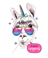 Fun Llama in a unicorn mask: rainbow glasses and horn. I am so magical - lettering quote. Humor card, t-shirt composition, hand drawn style print. Vector illustration.