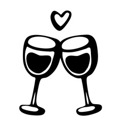 Vector doodle hand drawn sketch black illustration of two wine glasses couple love drink on white background