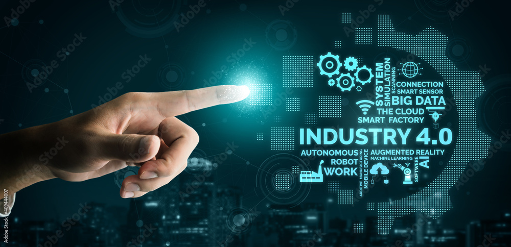 Poster engineering technology and industry 4.0 smart factory concept with icon graphic showing automation s