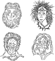 Contour drawings of portraits different young fantasy witches