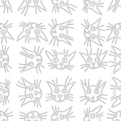 Seamless pattern of outlines heads cartoon funny kittens