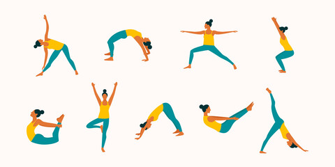 Colorful set of vector young woman in yoga poses isolated on white background. Female character doing yoga and fitness exercises. Healthy mental and physical lifestyle. Modern vector illustration.