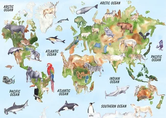 Aquarell Weltkarte Abbildung. World Animals Poster Kinderzimmer Wandkunst Handgezeichnetes, handgemaltes Kunstwerk Pädagogisches Kinderzimmerposter Schule Homeschooling Geographie Ozean Asien Afrika Europa Australien © Liudmila