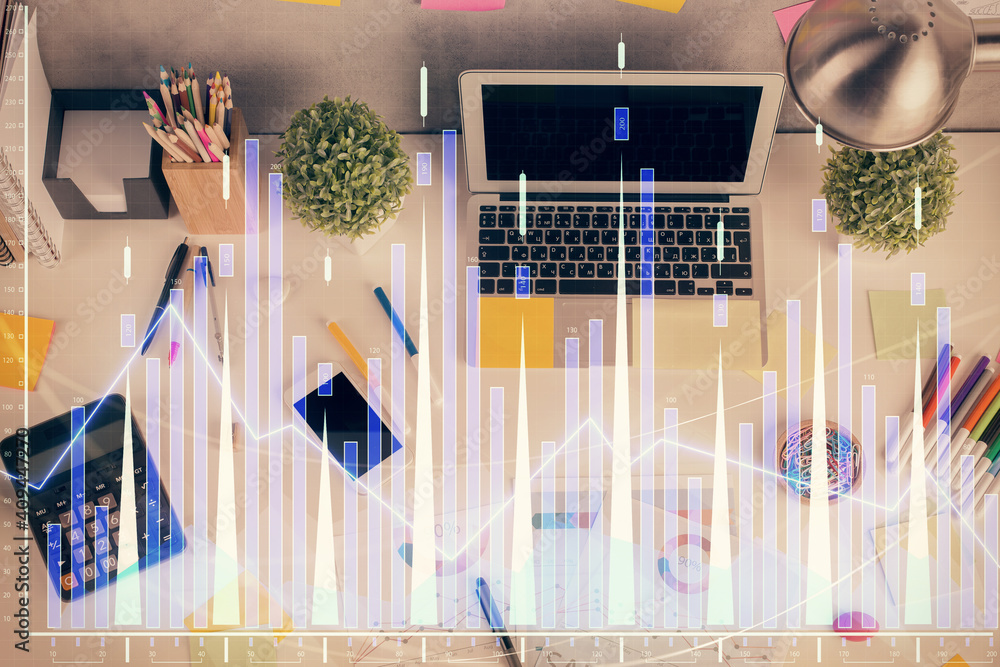 Aufkleber Double exposure of forex chart drawing over table background with computer. Concept of financial research and analysis. Top view.