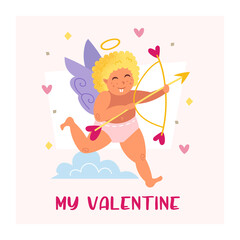 Funny cupid with arrow, bow and halo. Angel, child. Running boy. St Valentine's Day greeting card design. Flat vector illustration. 
